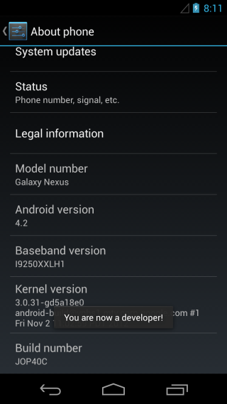 Enable usb debugging Developer Options on Android 4.2 Jelly Bean